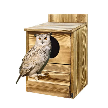 Rustic light brown wooden screech owl house outdoor nesting box