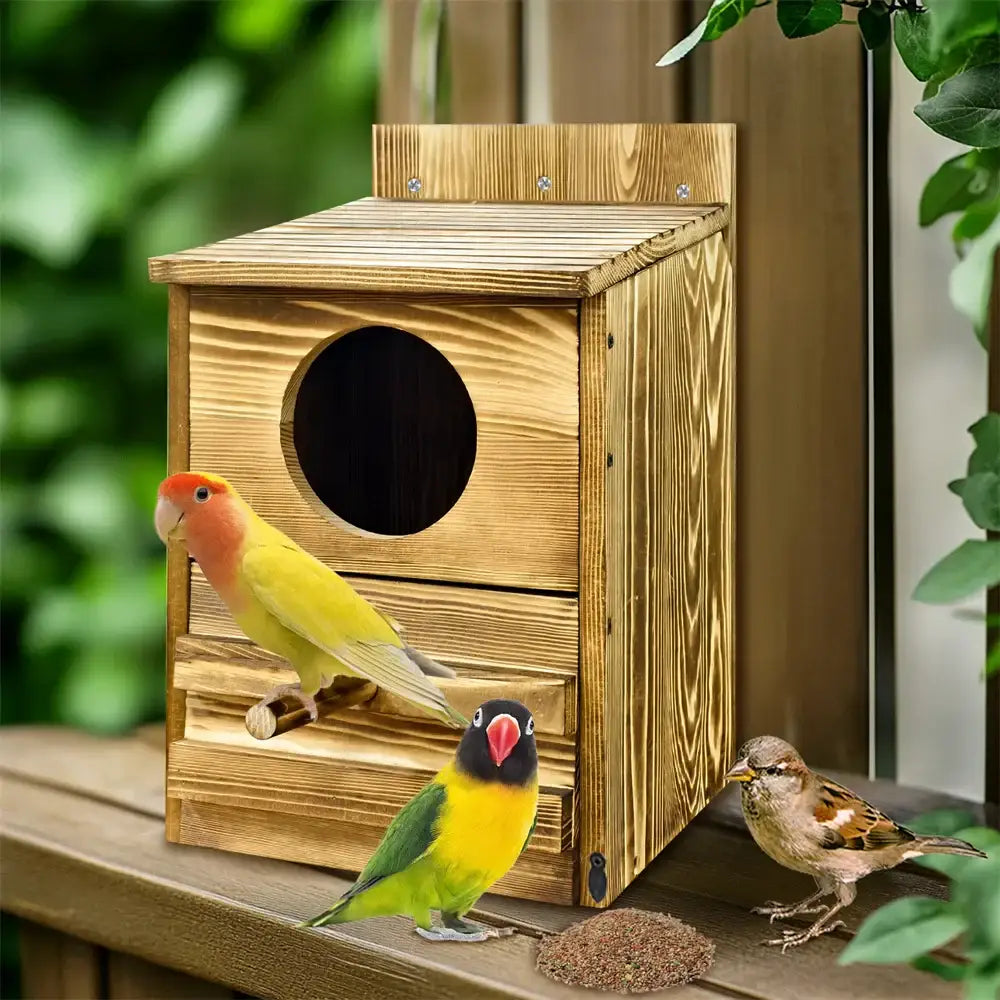 Rustic light brown wooden screech owl house outdoor nesting box
