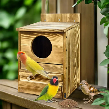 Rustic light brown wooden screech owl house outdoor nesting box