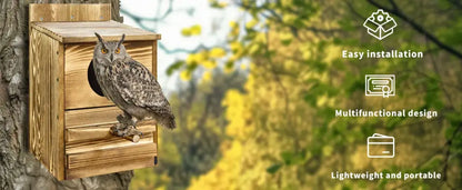 Rustic light brown wooden screech owl house outdoor nesting box
