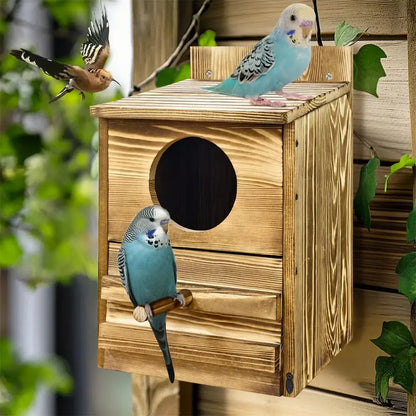 Rustic light brown wooden screech owl house outdoor nesting box