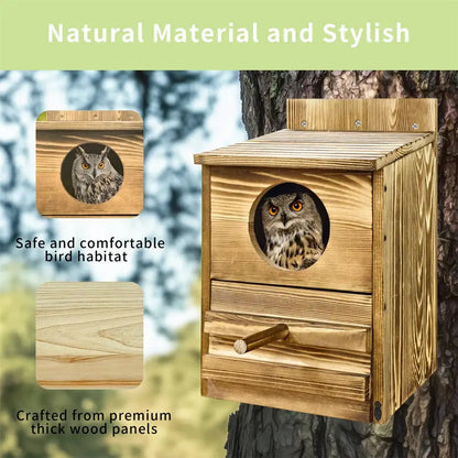 Rustic light brown wooden screech owl house outdoor nesting box