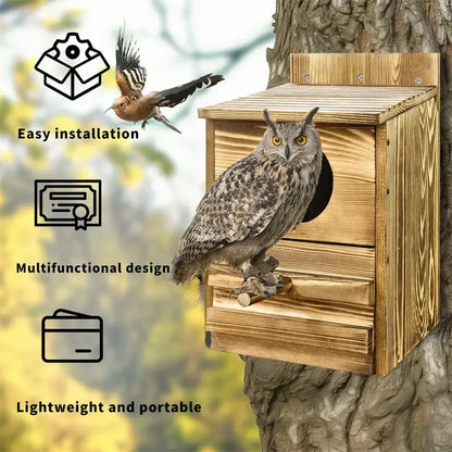 Rustic light brown wooden screech owl house outdoor nesting box