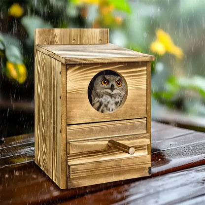 Rustic light brown wooden screech owl house outdoor nesting box