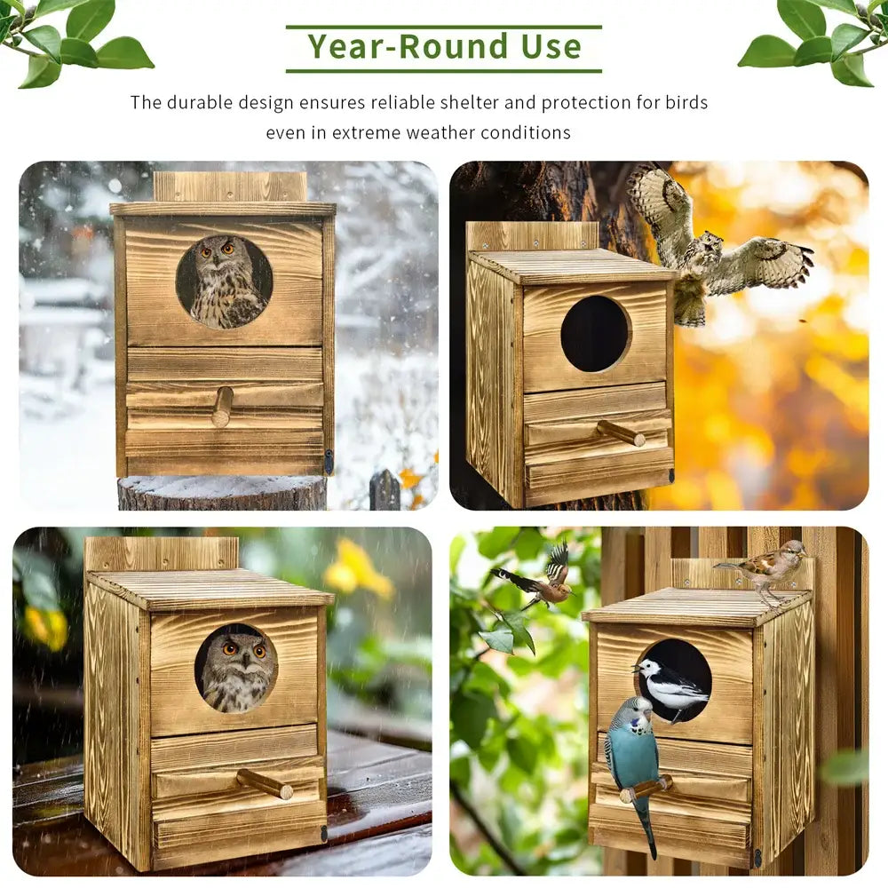 Rustic light brown wooden screech owl house outdoor nesting box