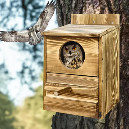 Rustic light brown wooden screech owl house outdoor nesting box
