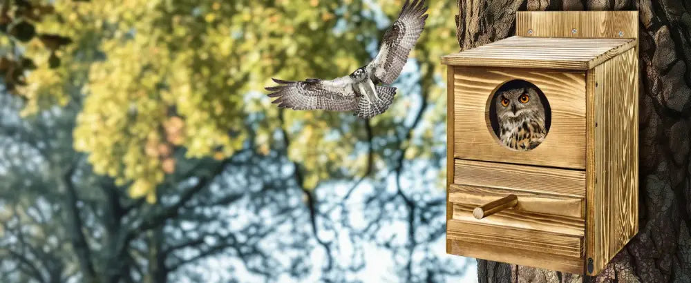 Rustic light brown wooden screech owl house outdoor nesting box