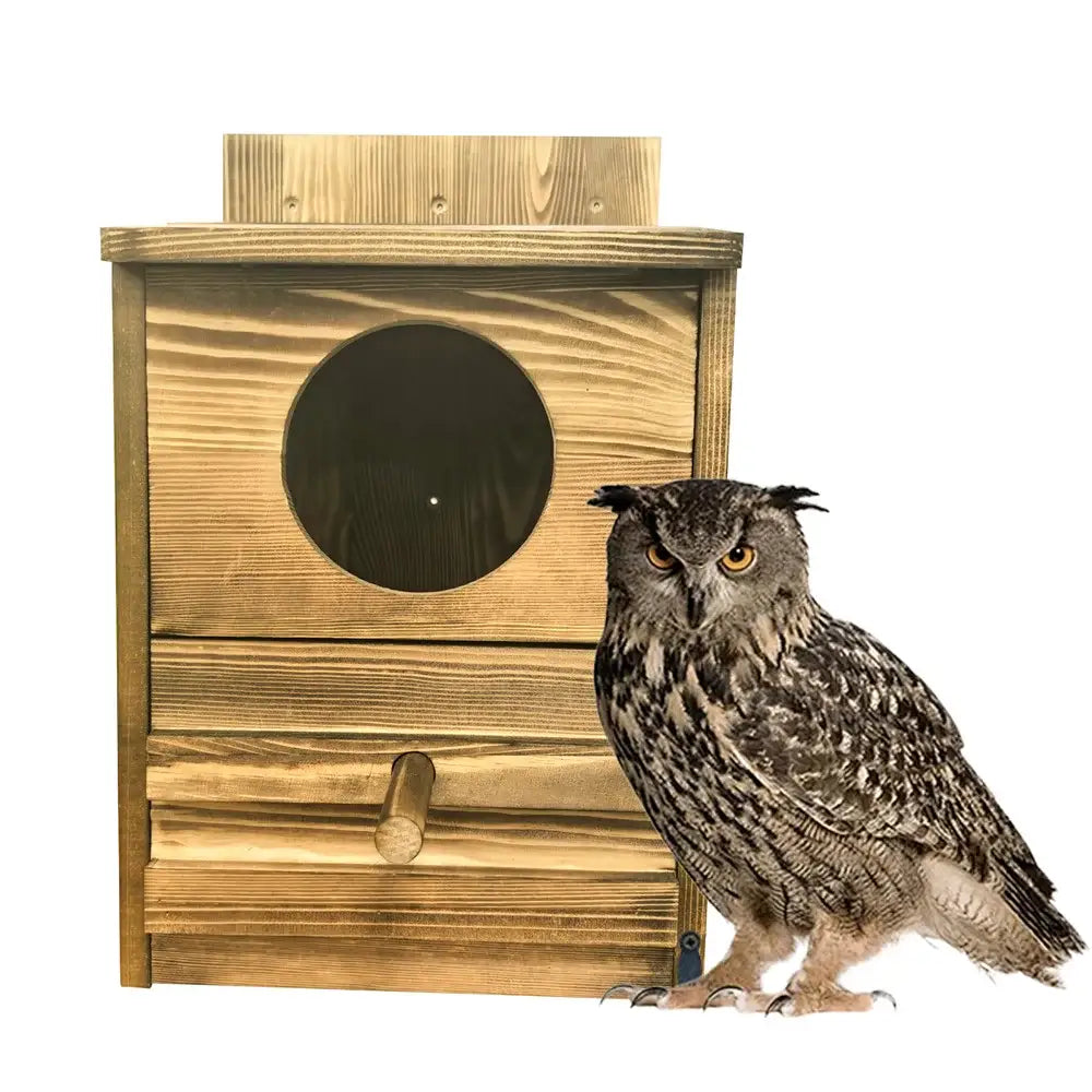 Rustic light brown wooden screech owl house outdoor nesting box