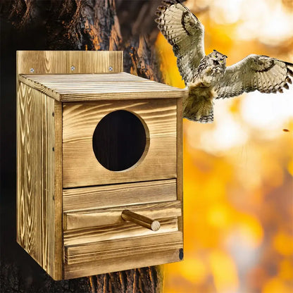 Rustic light brown wooden screech owl house outdoor nesting box