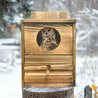 Rustic light brown wooden screech owl house outdoor nesting box