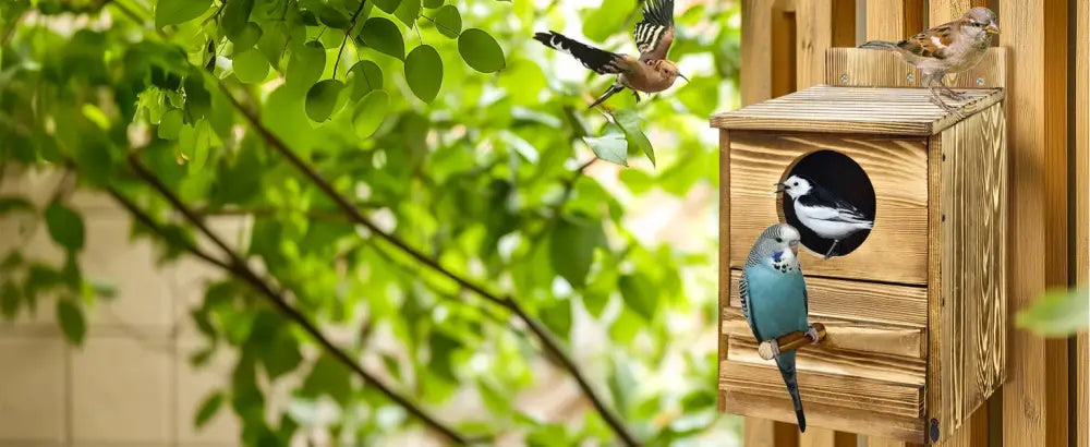 Rustic light brown wooden screech owl house outdoor nesting box