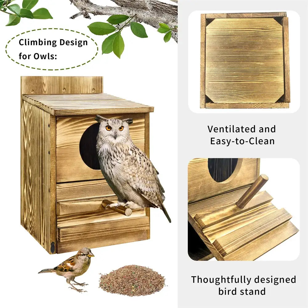 Rustic light brown wooden screech owl house outdoor nesting box