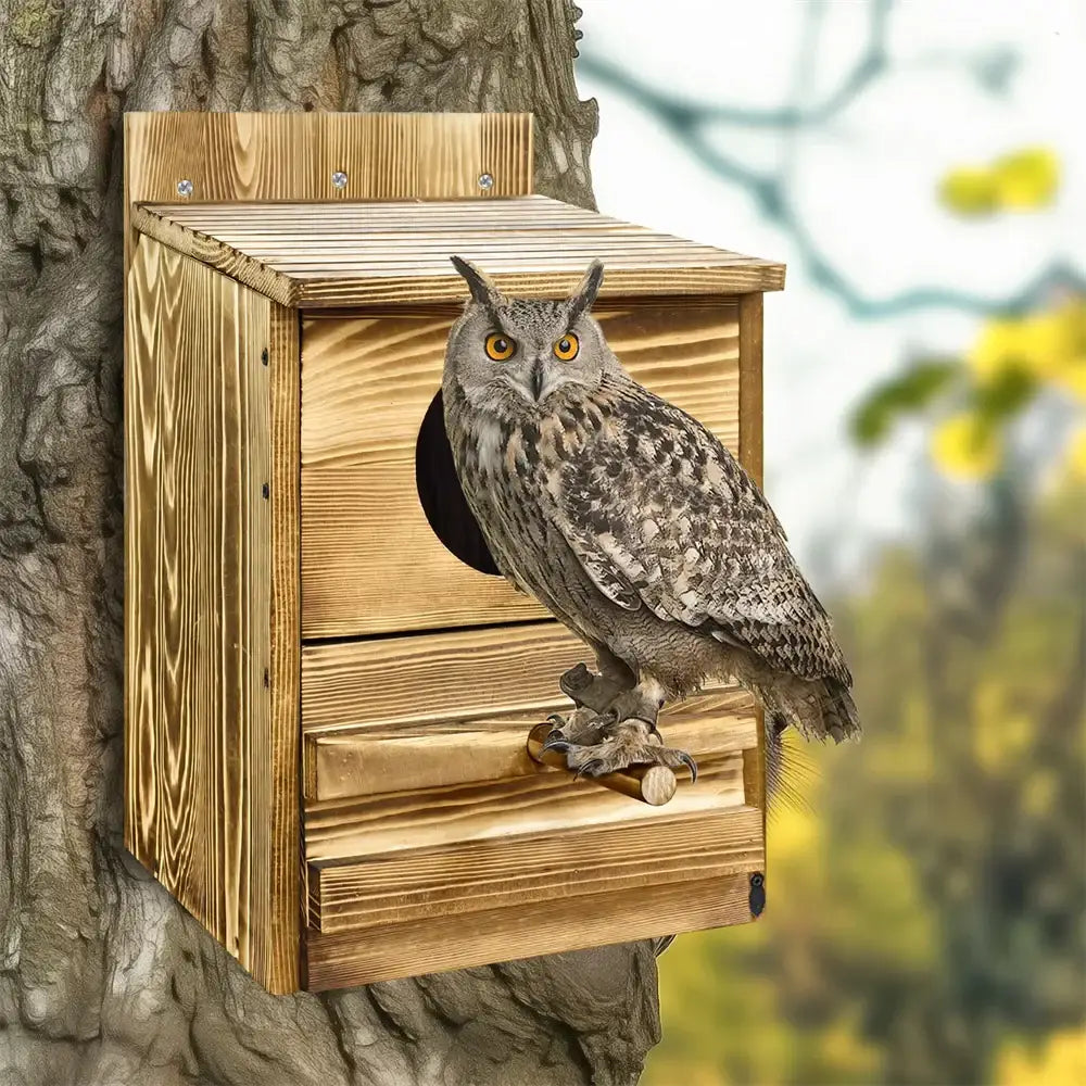 Rustic light brown wooden screech owl house outdoor nesting box