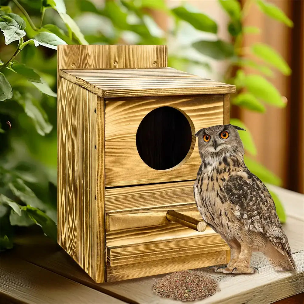 Rustic light brown wooden screech owl house outdoor nesting box