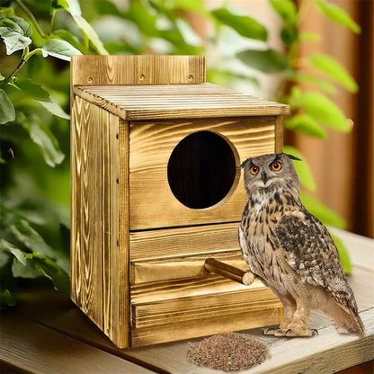Rustic light brown wooden screech owl house outdoor nesting box