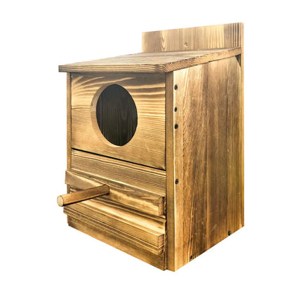 Rustic light brown wooden screech owl house outdoor nesting box