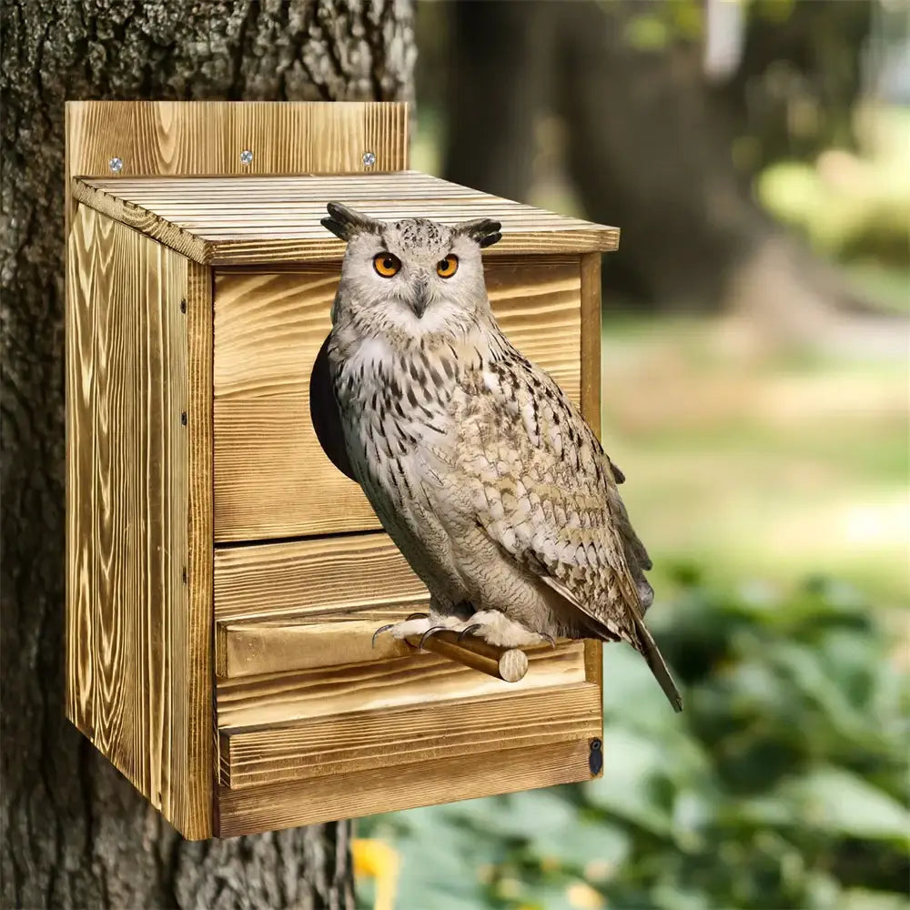 Rustic light brown wooden screech owl house outdoor nesting box