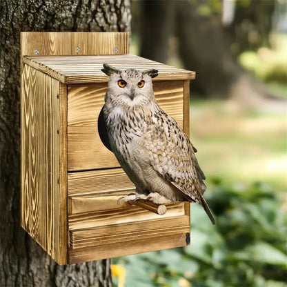 Rustic light brown wooden screech owl house outdoor nesting box