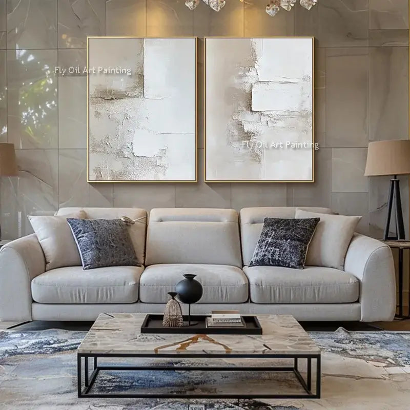 Abstract beige & white two canvas oil paintings living room decor