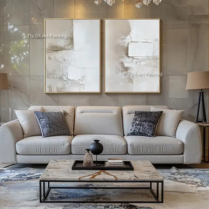 Abstract beige & white two canvas oil paintings living room decor