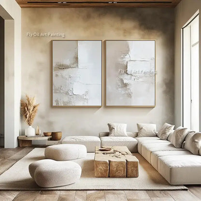 Abstract beige & white two canvas oil paintings living room decor