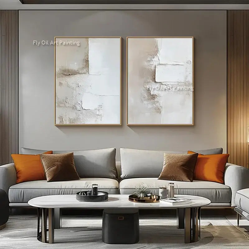Abstract beige & white two canvas oil paintings living room decor