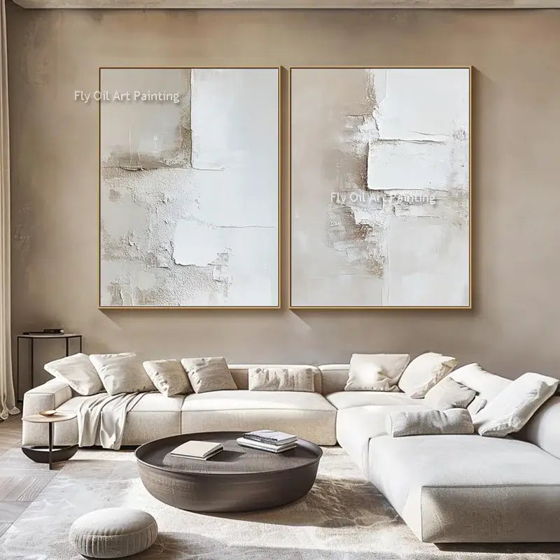 Abstract beige & white two canvas oil paintings living room decor