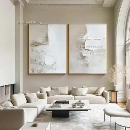 Abstract beige & white two canvas oil paintings living room decor