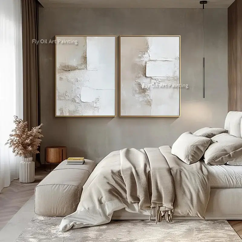 Abstract beige & white two canvas oil paintings living room decor