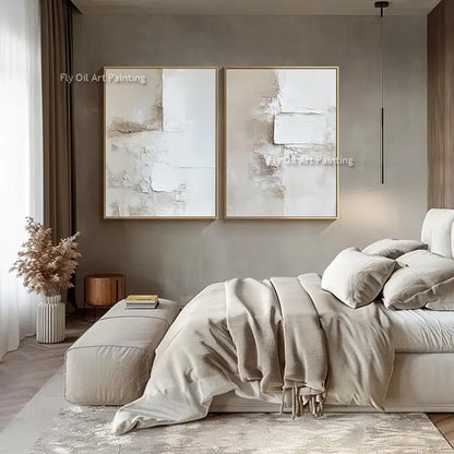 Abstract beige & white two canvas oil paintings living room decor
