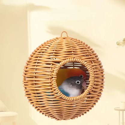Handwoven grass bird cage hut with heart entrance for garden