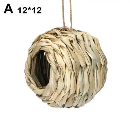 Handwoven straw bird nest with hanging rope for garden decor