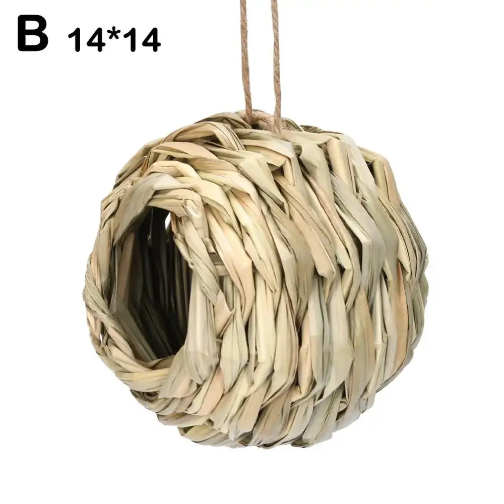 Handwoven straw bird nest with hanging rope for garden decor