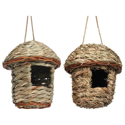 Handwoven straw bird nest with hanging rope for garden decor
