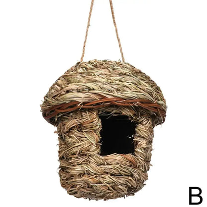 Handwoven straw bird nest with hanging rope for garden decor