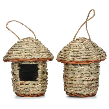 Handwoven straw bird nest with hanging rope for garden decor