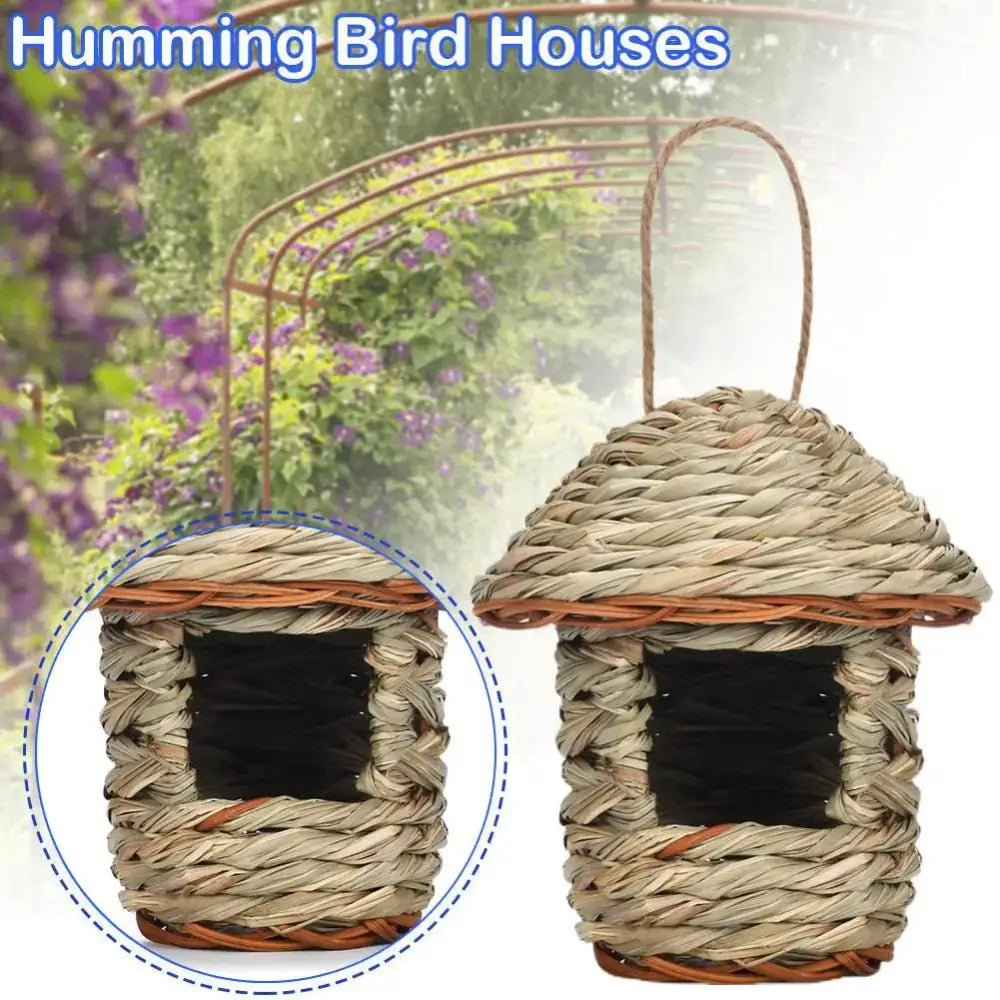 Handwoven straw bird nest with hanging rope for garden decor