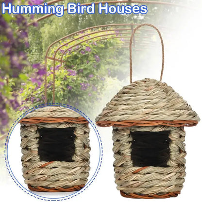 Handwoven straw bird nest with hanging rope for garden decor