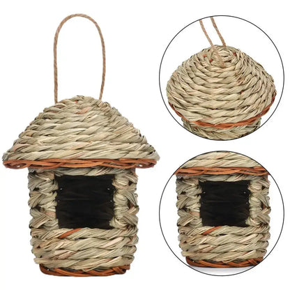 Handwoven straw bird nest with hanging rope for garden decor