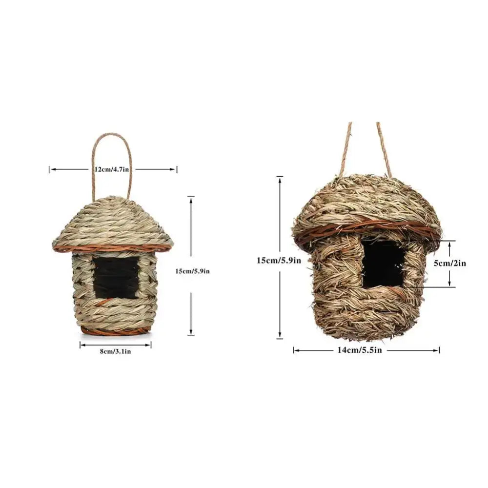 Handwoven straw bird nest with hanging rope for garden decor