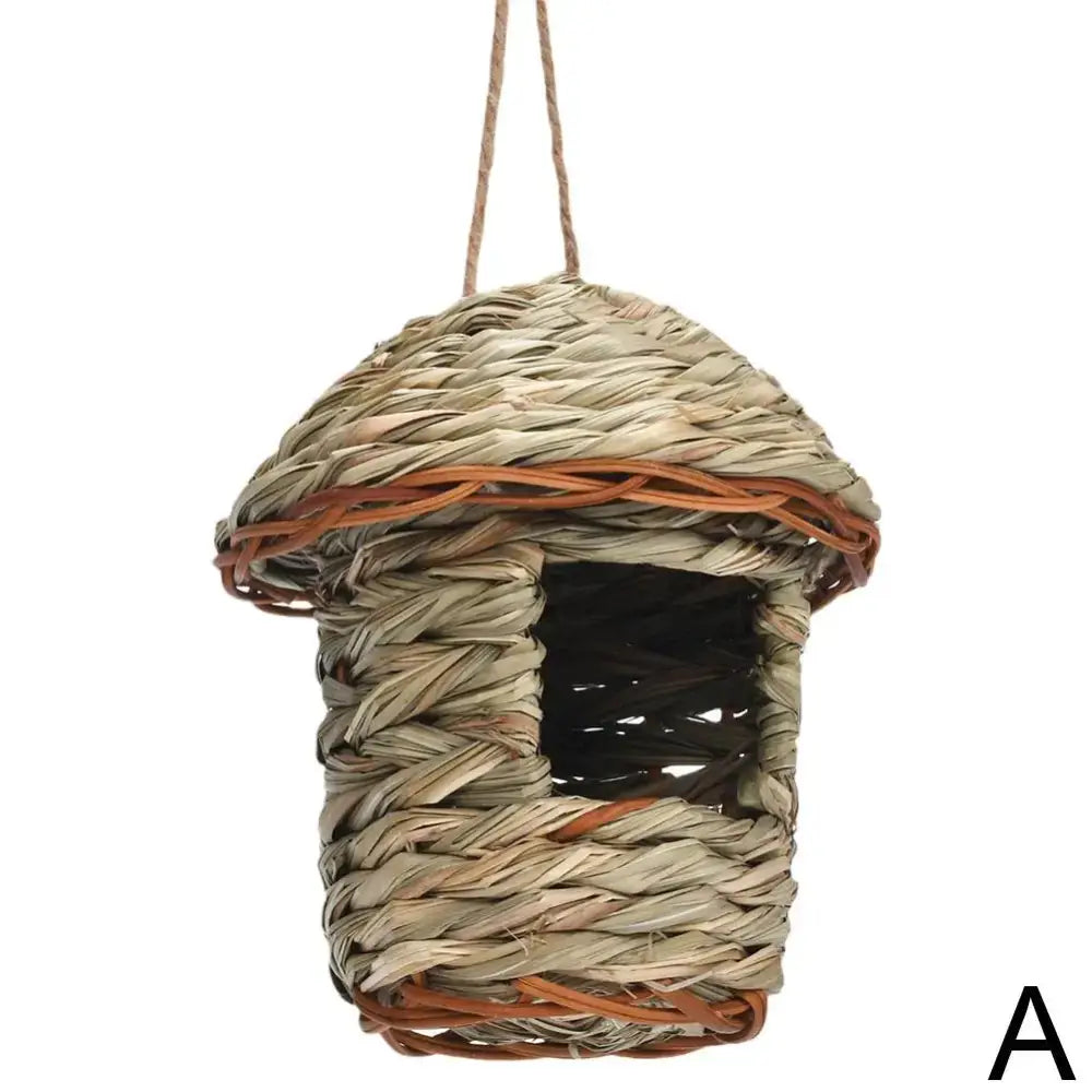 Handwoven straw bird nest with hanging rope for garden decor