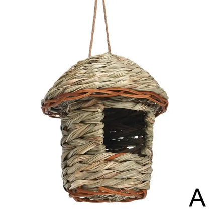Handwoven straw bird nest with hanging rope for garden decor