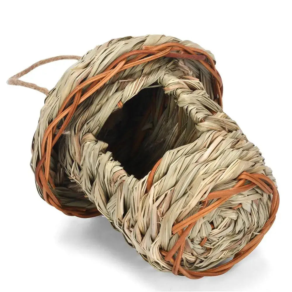 Handwoven straw bird nest with hanging rope for garden decor