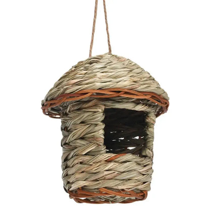 Handwoven straw bird nest with hanging rope for garden decor