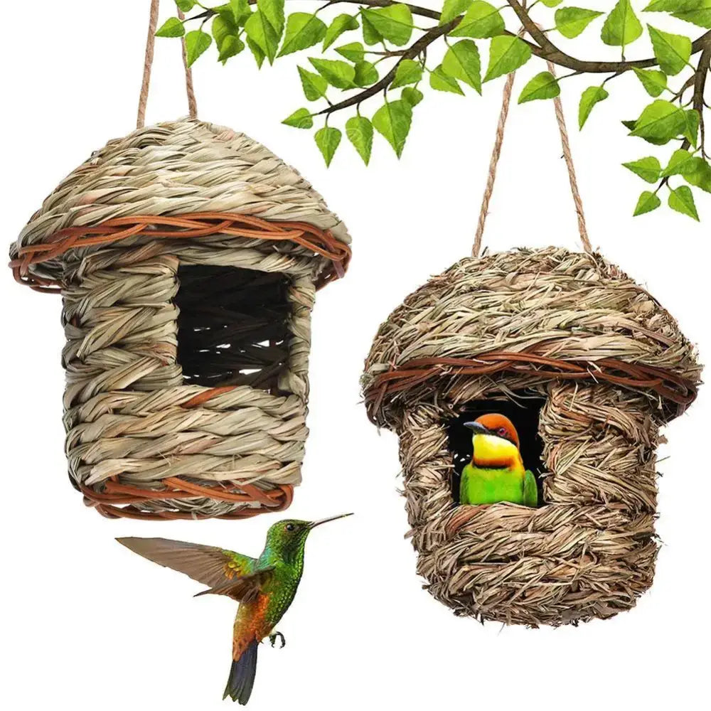 Handwoven straw bird nest with hanging rope for garden decor