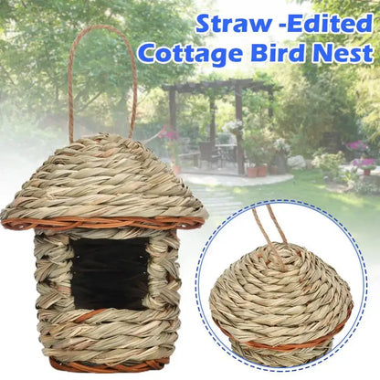 Handwoven straw bird nest with hanging rope for garden decor