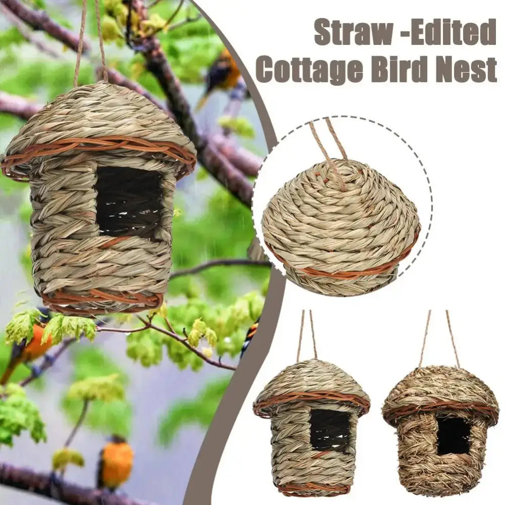 Handwoven straw bird nest with hanging rope for garden decor