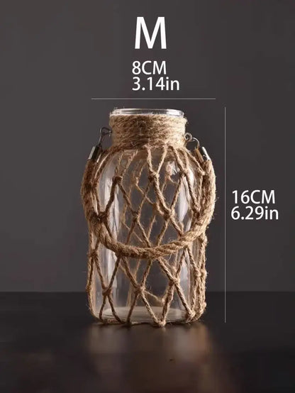 Rustic hanging glass vase with hemp rope twine netting – living room