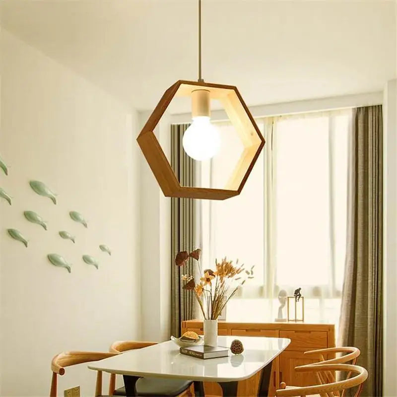 Geometric triangular hanging wooden lights dining room pendant pair
