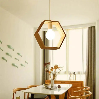 Geometric triangular hanging wooden lights dining room pendant pair